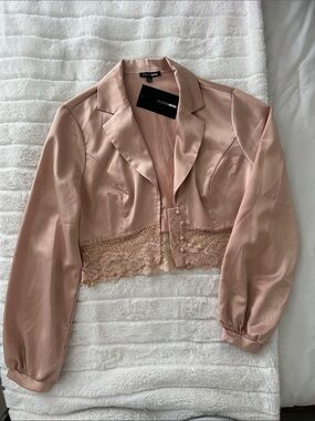 Fashion Nova Blush Pink Satin Lace Cropped Blazer